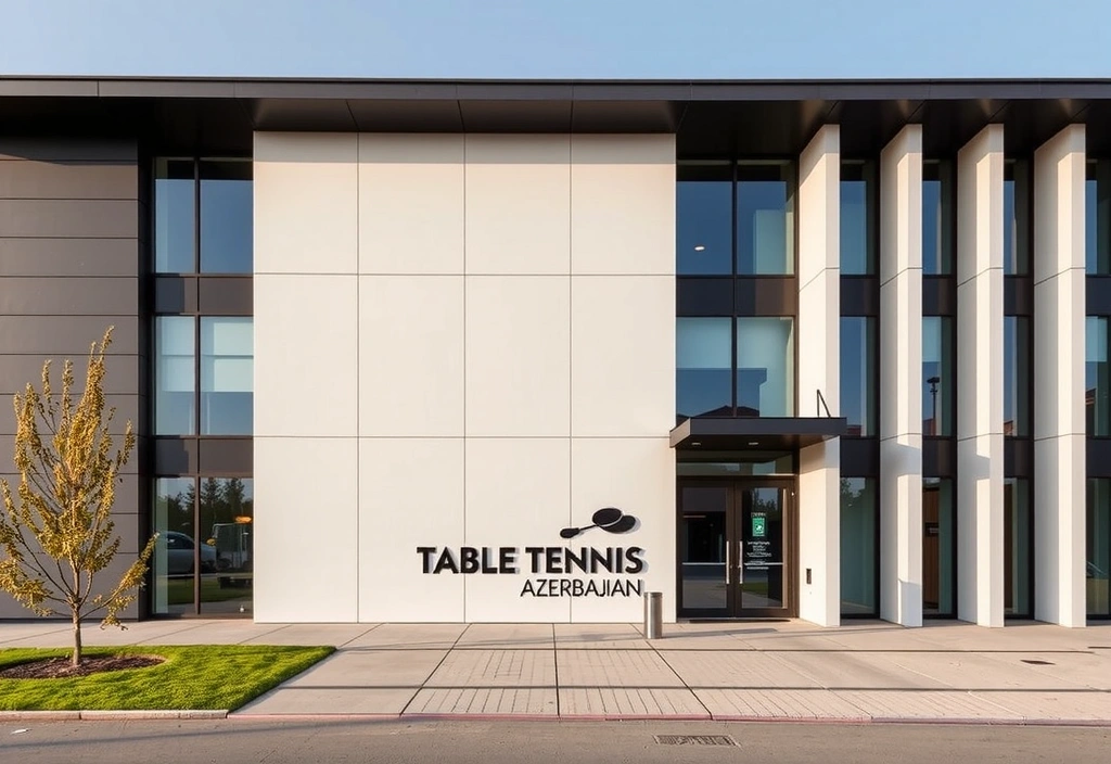 Modern office building with Table Tennis Azerbaijan signage