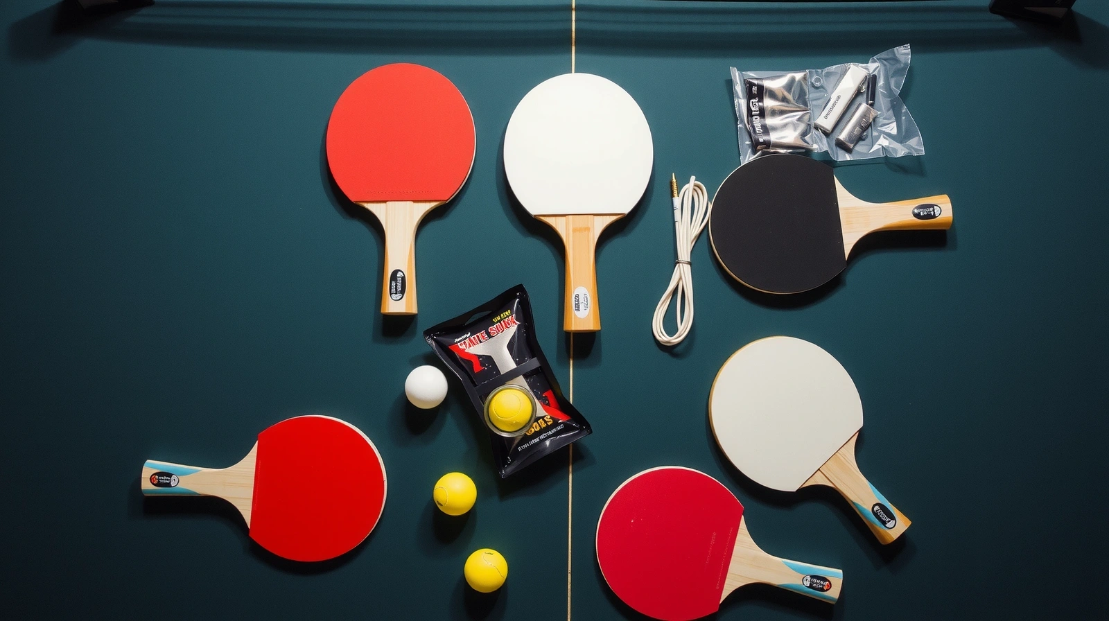 Table tennis equipment neatly arranged on a professional table