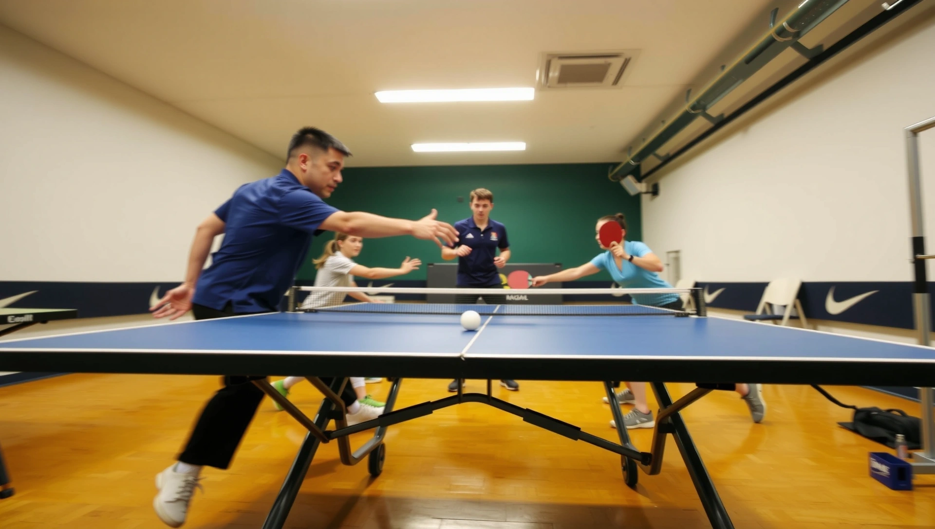 Dynamic table tennis match in action with blurred players and a focused ball
