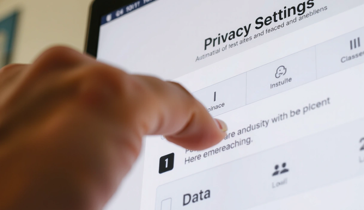 A person's hand interacting with a digital interface that displays privacy settings and options for data management.