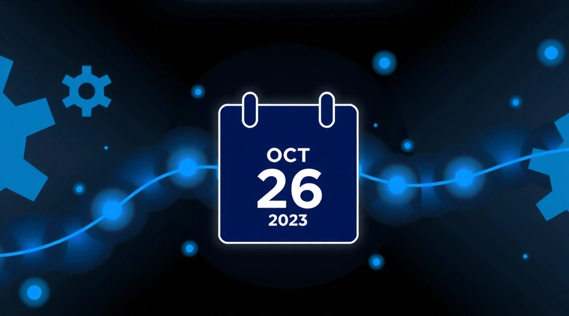 A calendar icon showing the current date, surrounded by gears and digital elements, symbolizing policy updates and revisions.