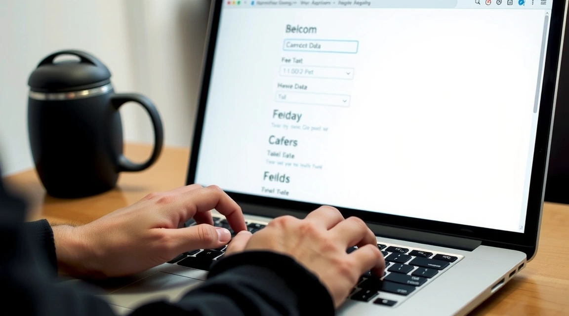 Person typing on a laptop with a blurred background of a website form, emphasizing data input.